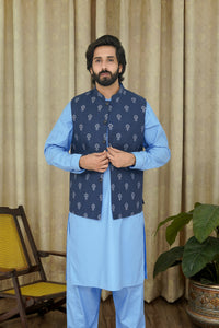 BLUE  EMBROIDERY MEN'S WAIST COAT