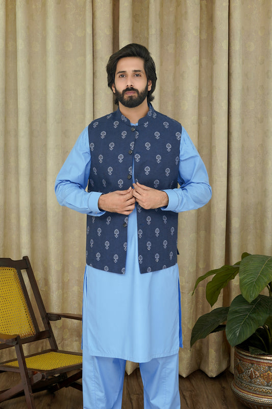 BLUE  EMBROIDERY MEN'S WAIST COAT