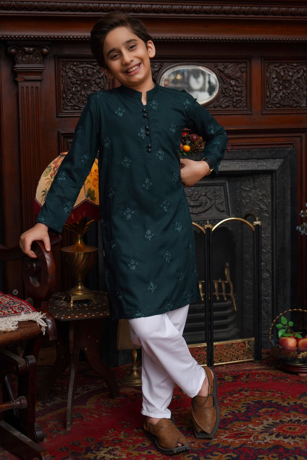 Dunkelgrüne bestickte Kinder-Kurta