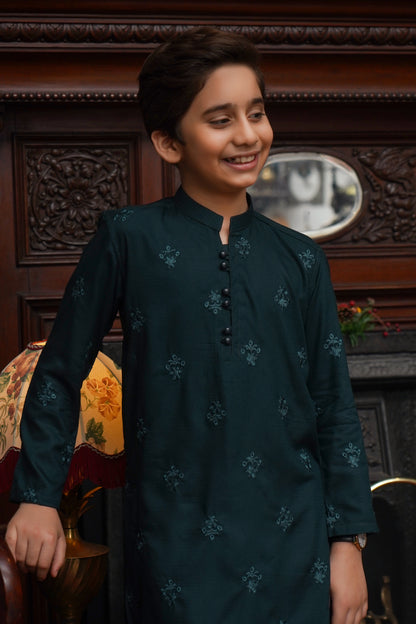 DARK GREEN EMBROIDED KID'S KURTA