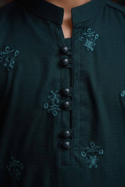 DARK GREEN EMBROIDED KID'S KURTA