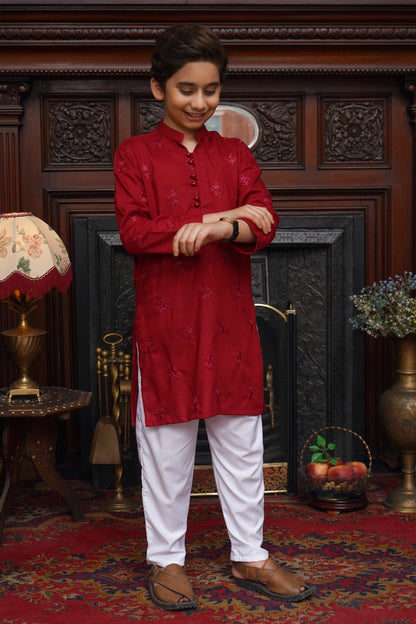 RED EMBROIDED KID'S COTTON KURTA