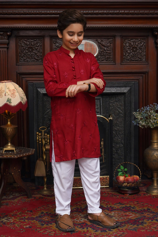 RED EMBROIDED KID'S COTTON KURTA