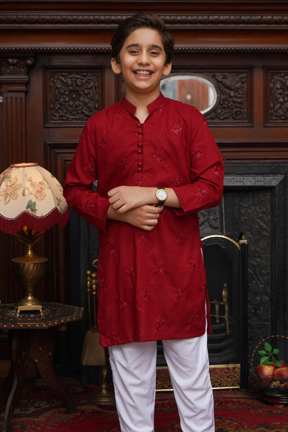 RED EMBROIDED KID'S COTTON KURTA
