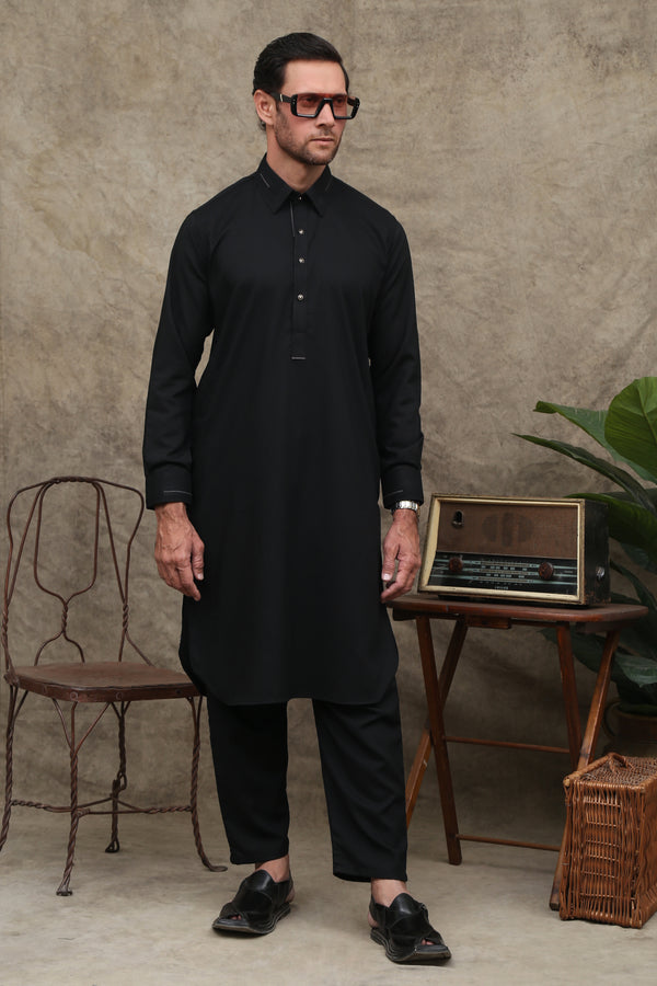 1. JET BLACK WASH & WEAR SHALWAR KAMEEZ FÜR HERREN