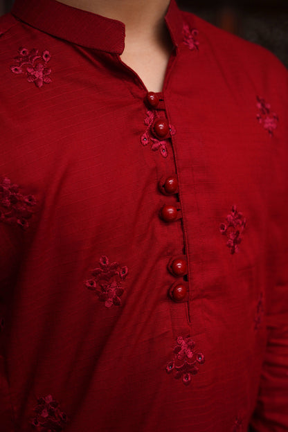 RED EMBROIDED KID'S COTTON KURTA