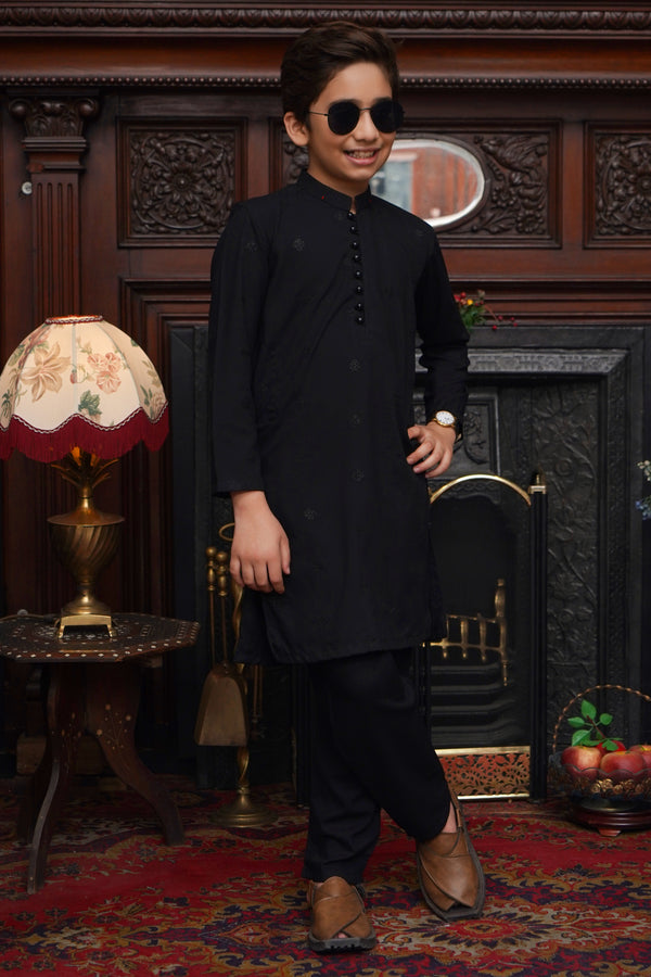 BLACK EMBROIDED WASH & WEAR KID'S KURTA SET