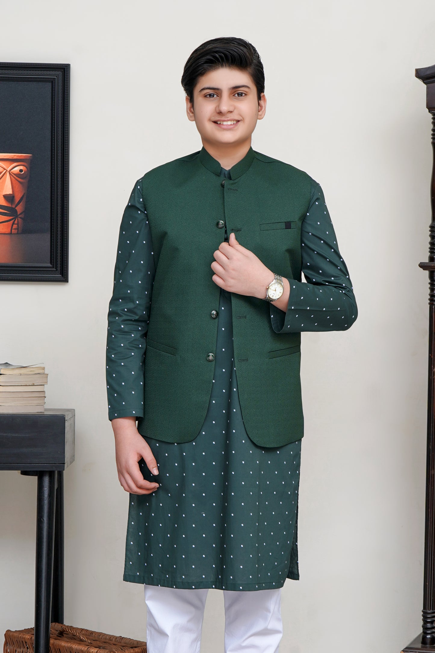 GREEN JAMAWAR KID'S WAIST COAT