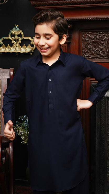 NAVY BLUE COLLAR WASHING WEAR KID'S SHALWAR KAMEEZ