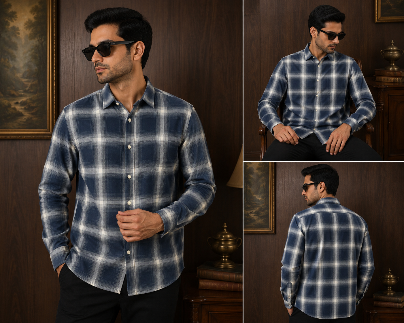 MEN'S BLUE AND GRAY CHECK CASUAL SHIRT