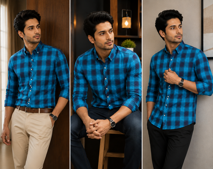 MEN'S BLUE AND BLACK CHECK CASUAL SHIRT
