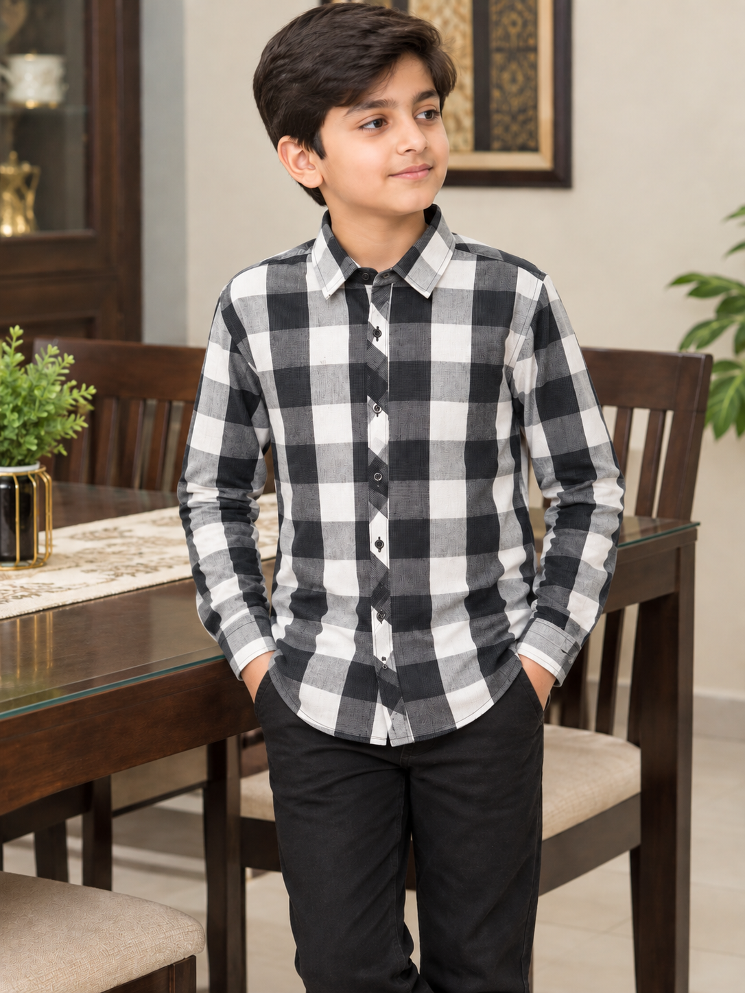 KID'S  BLACK AND WHITE CHECK CASUAL SHIRT