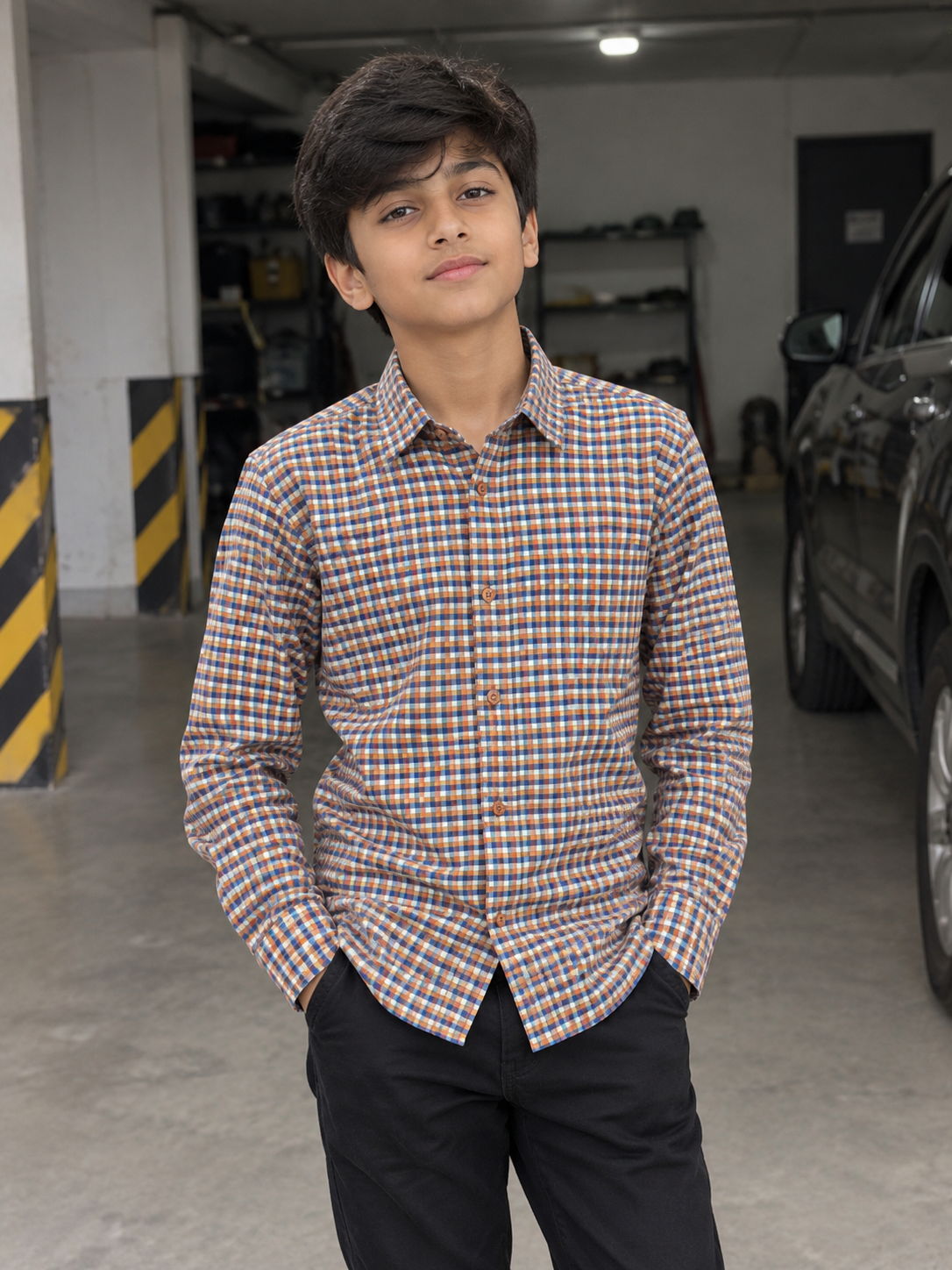 KID'S ORANGE BLUE WHITE CHECK CASUAL SHIRT