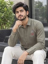 Men's Light Olive Green Embroidery Casual Shirt - view 3 - maqsood.pk