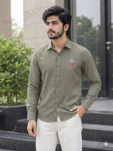 Men's Light Olive Green Embroidery Casual Shirt - view 2 - maqsood.pk