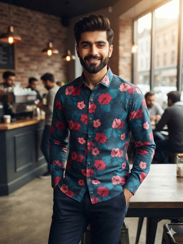 Men's Navy Blue Printed Denim Casual Shirt - maqsood.pk