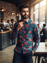 Men's Navy Blue Printed Denim Casual Shirt - view 2 - maqsood.pk