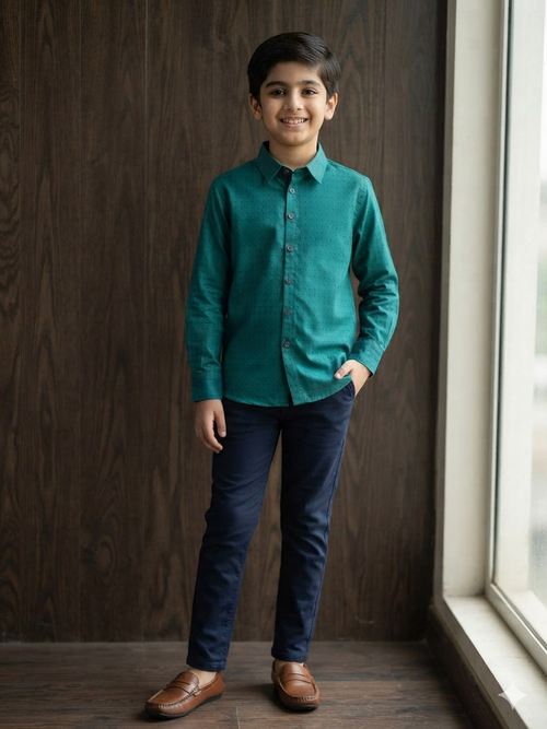GREEN SELF TEXTURE CASUAL SHIRT FOR KIDS