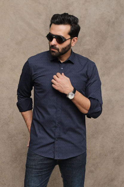 MEN'S PRINT BLUE COTTON CASUAL SHIRT