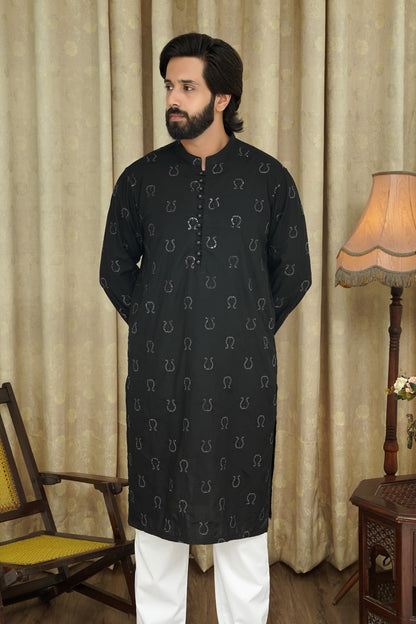 BLACK EMBROIDED CHICKEN MEN'S  KURTA