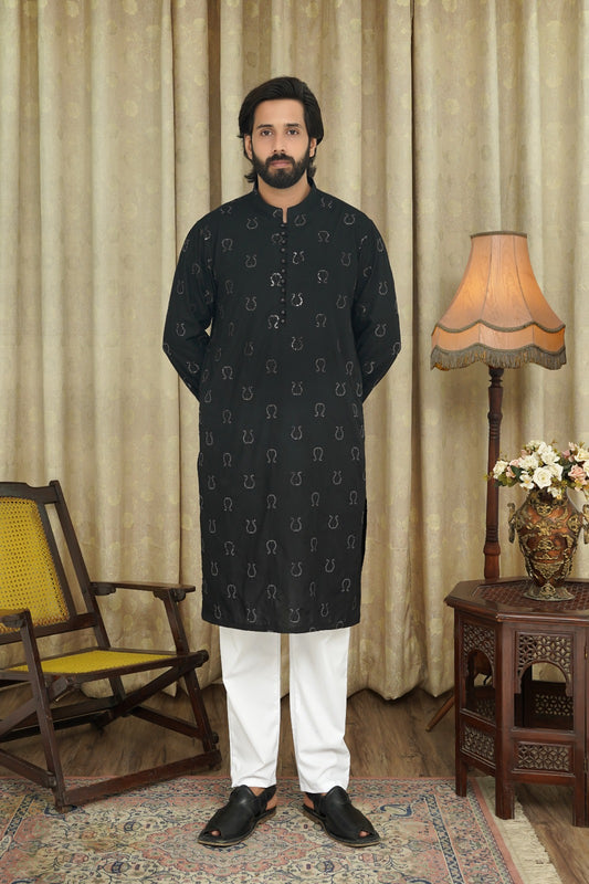 BLACK EMBROIDED CHICKEN MEN'S  KURTA