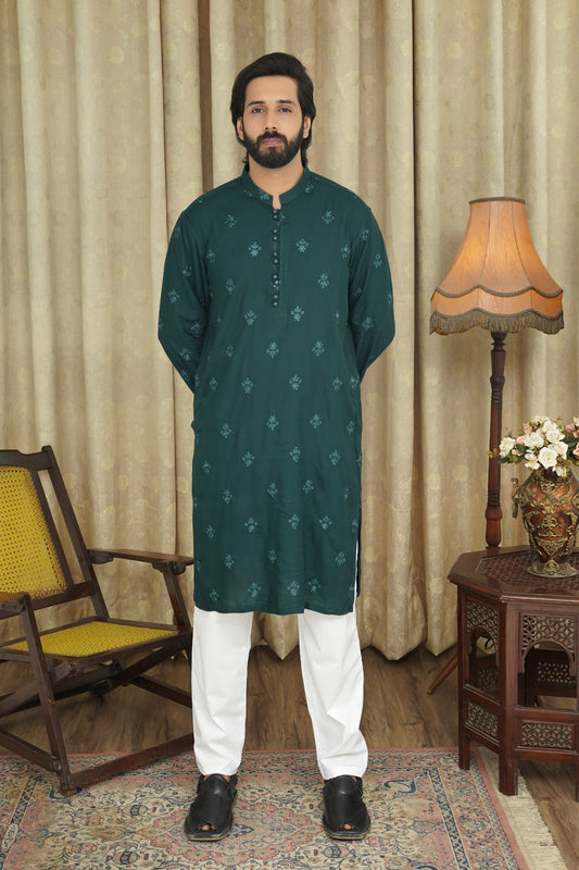 DARK GREEN EMBROIDED MEN'S KURTA