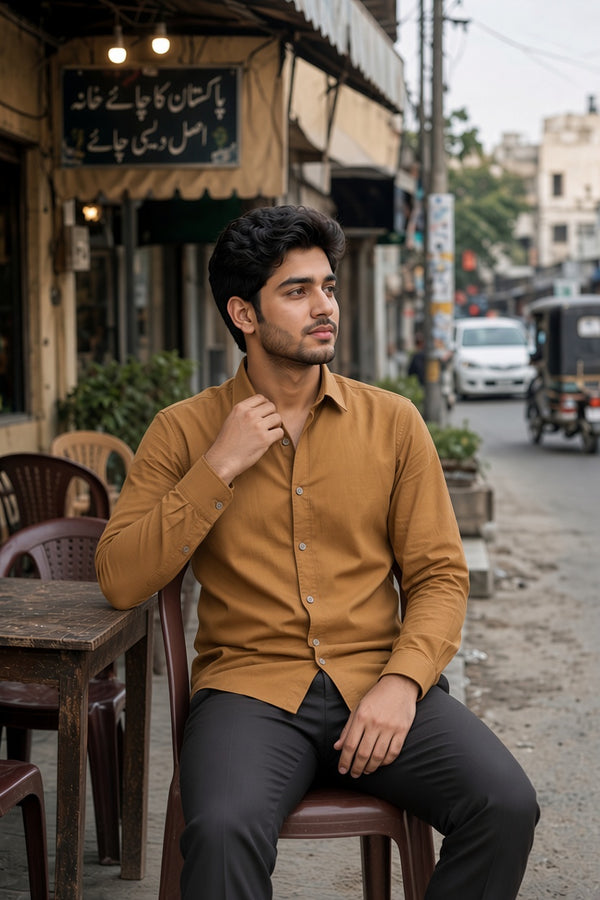 Men's Plain Mustard Cotton Casual Shirt - maqsood.pk