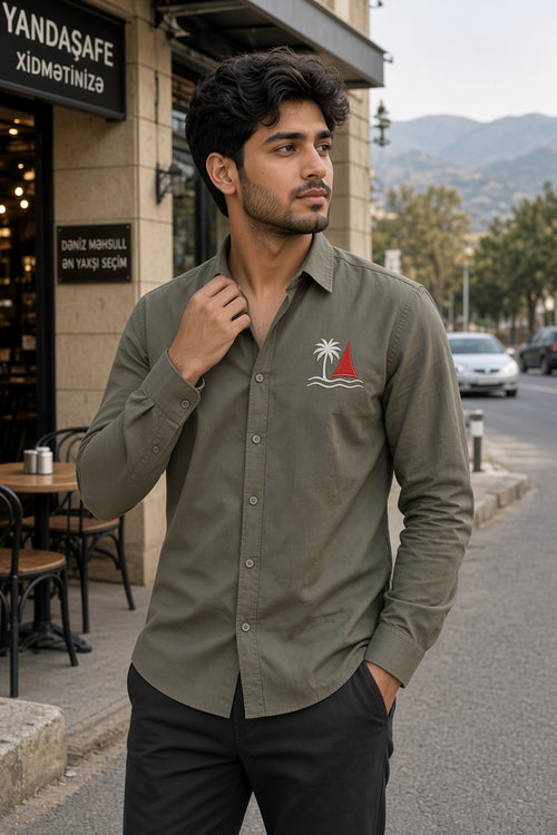 HERREN HEMD, HELLBRAUN, CASUAL, MIT STICKEREI