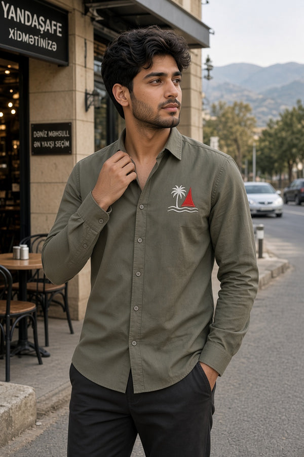 Men's Olive Green Embroidery Casual Shirt - maqsood.pk