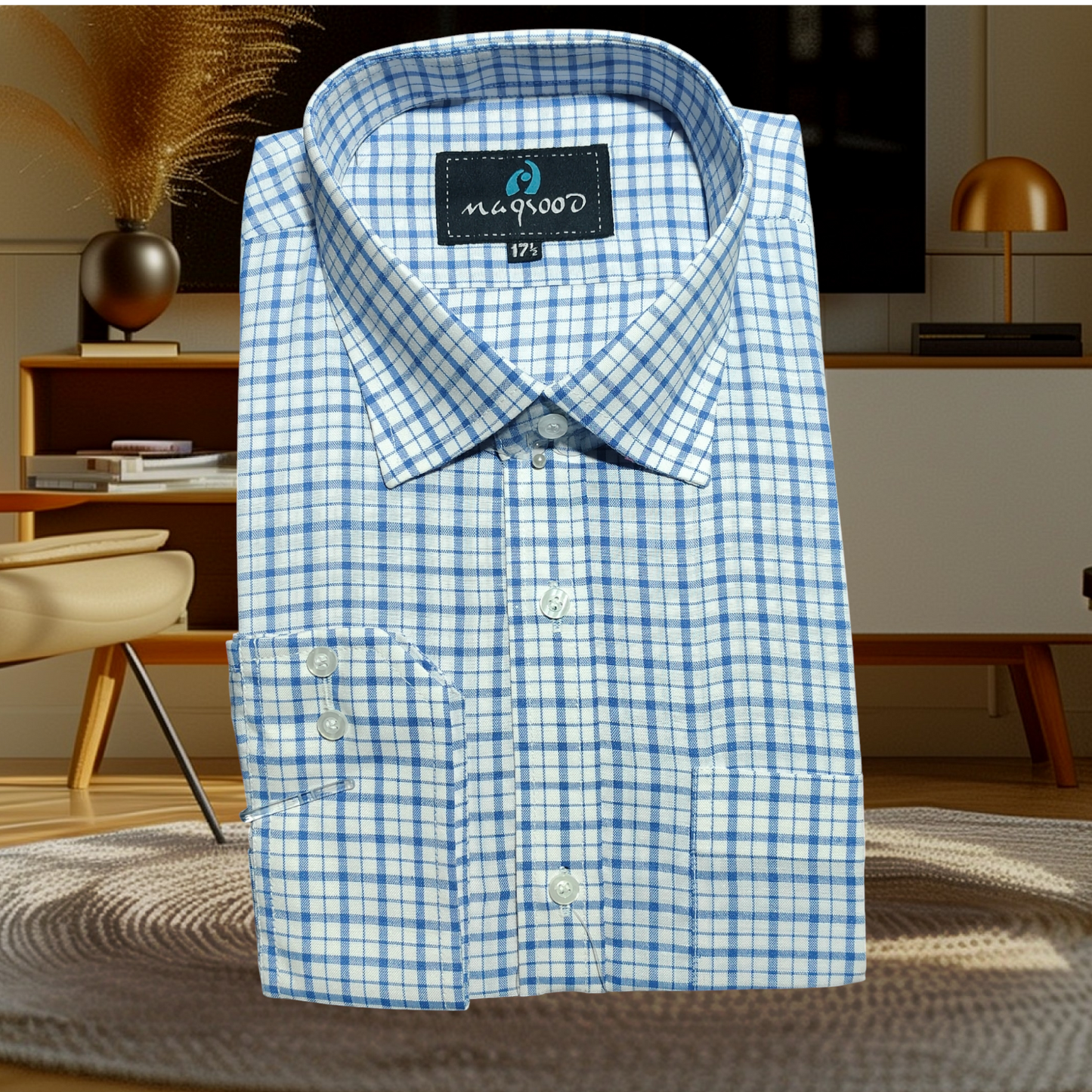 MEN'S BLUE WHITE CHECK DRESS SHIRT