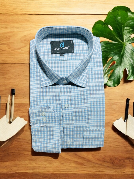 MEN'S LIGHT BLUE WHITE CHECK DRESS SHIRT