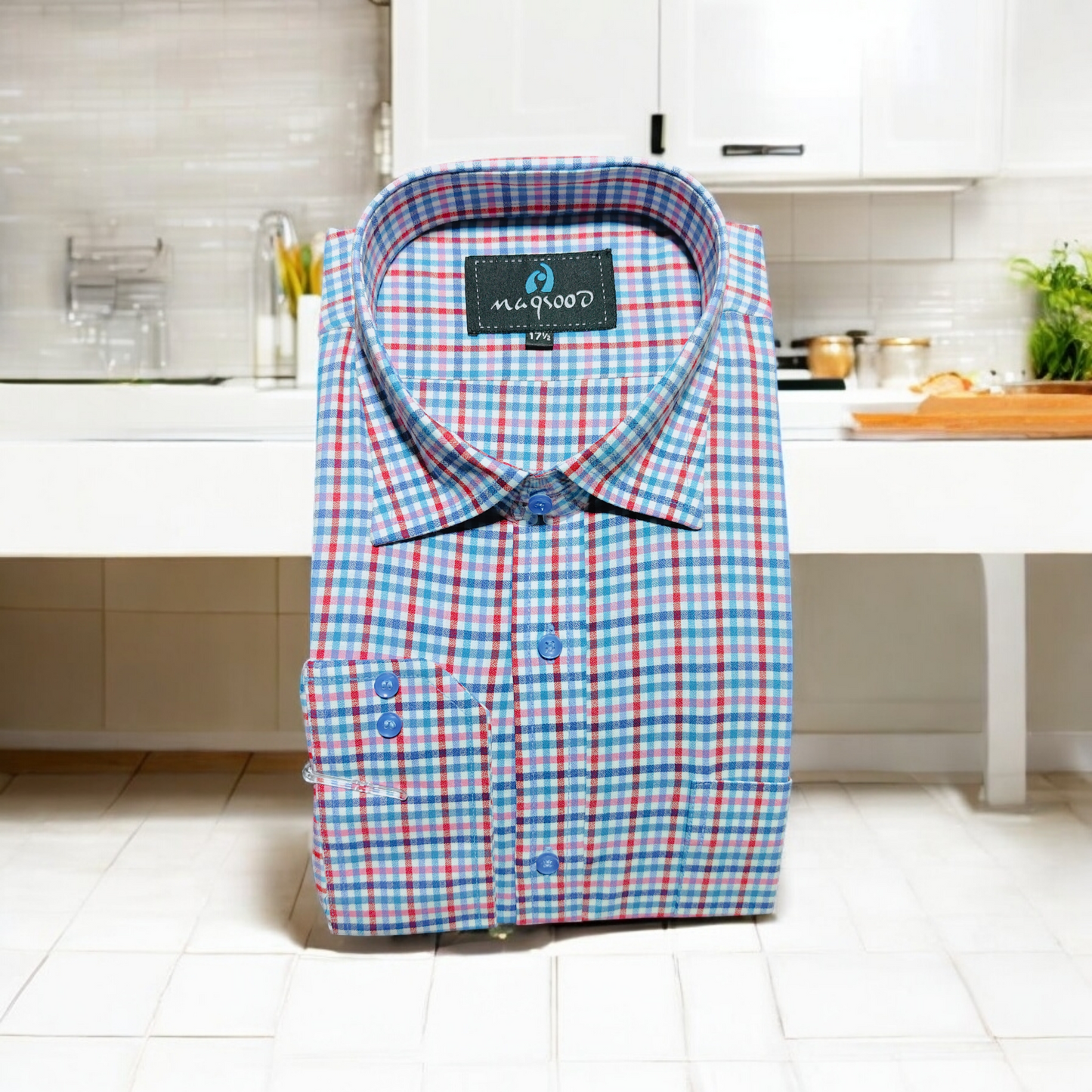 MEN'S LIGHT BLUE RED CHECK DRESS SHIRT