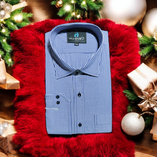 MEN'S BLUE WHITE THIN CHECK DRESS SHIRT