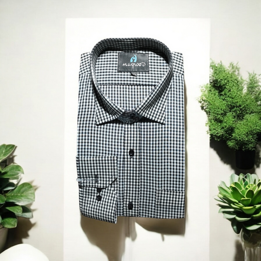 MEN'S BLACK GRAY WHITE CHECK DRESS SHIRT