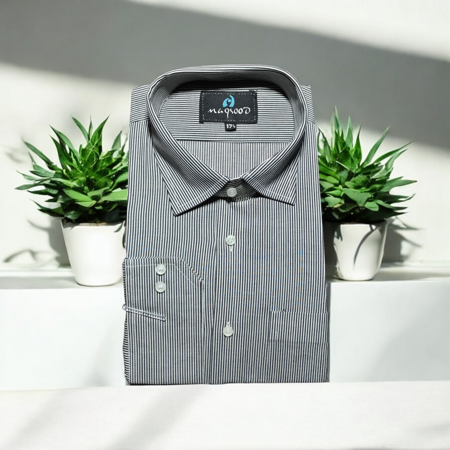 MEN'S GRAY AND WHITE LINING DRESS SHIRT