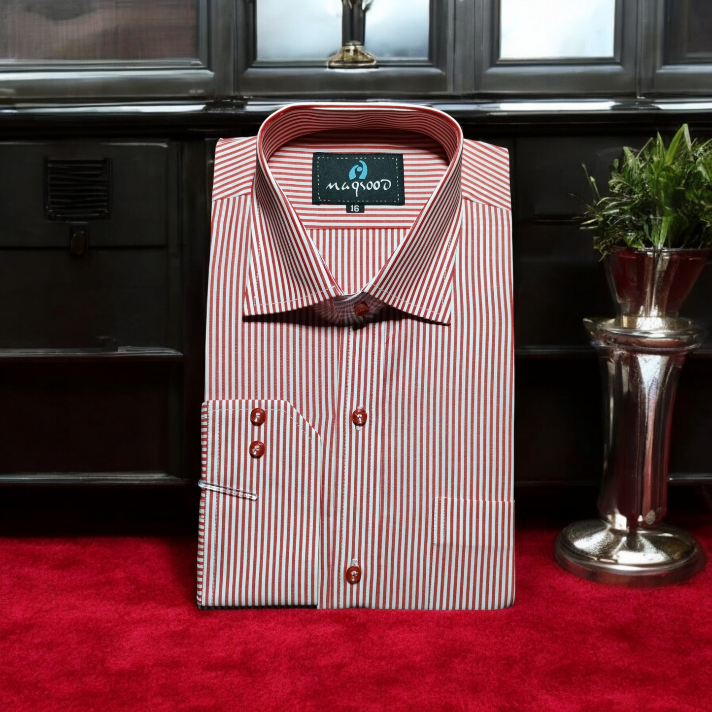 MEN'S MAROON AND WHITE LINING DRESS SHIRT