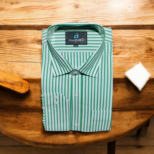 MEN'S DARK GREEN AND WHITE LINING DRESS SHIRT