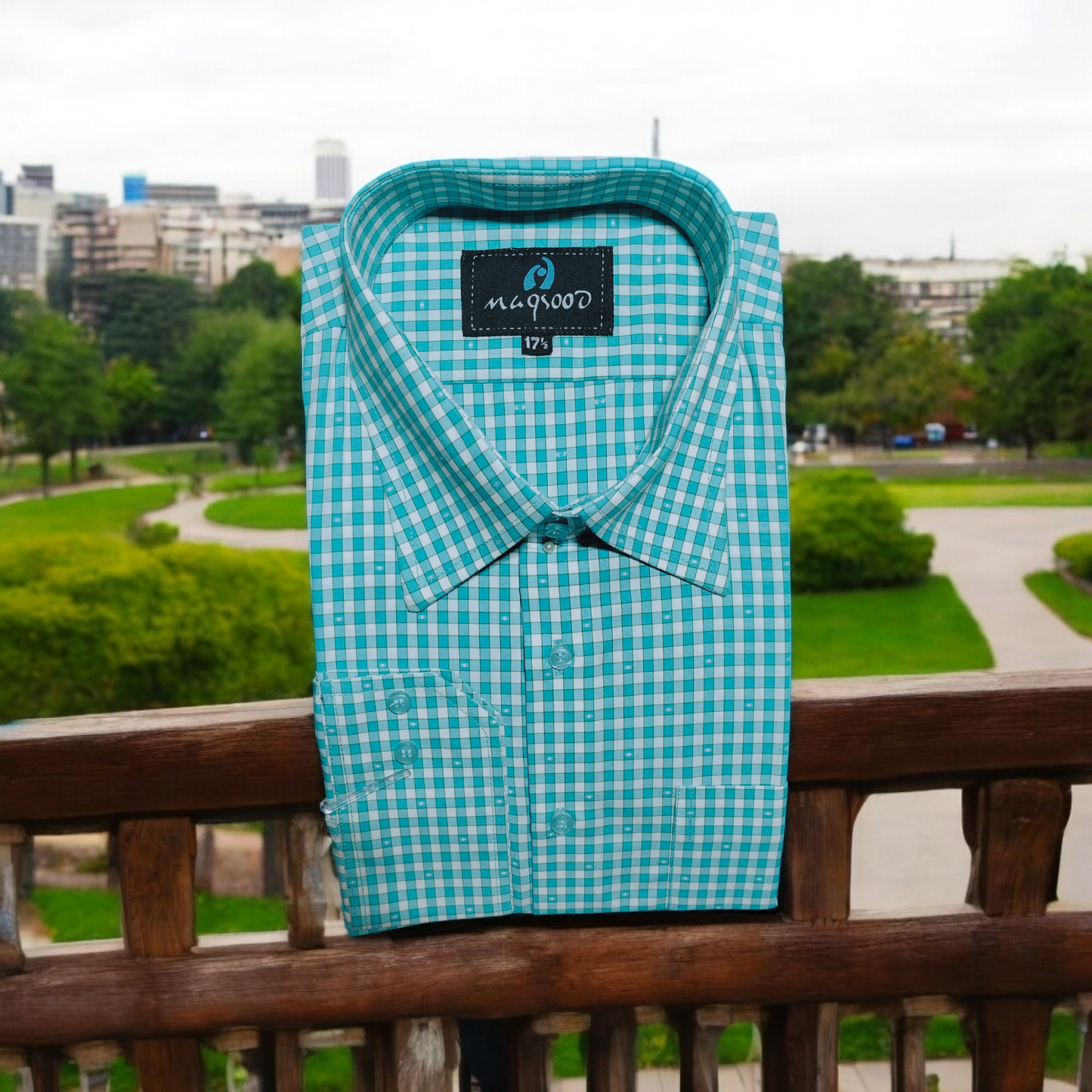 MEN'S BRIGHT FEROZI AND WHITE CHECK DRESS SHIRT