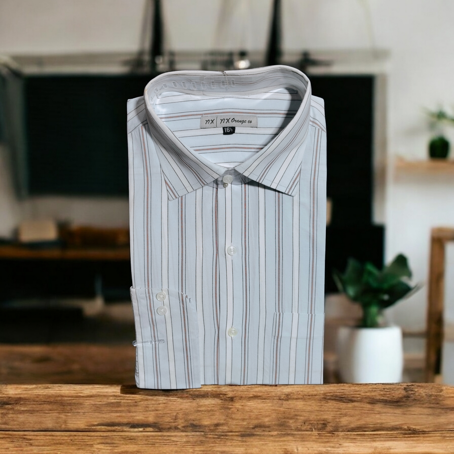 MEN'S TEALISH BLUE BROWN WHITE LINING DRESS SHIRT