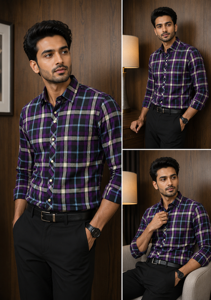 MEN'S PURPLE CHECK CASUAL SHIRT