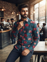 Men's Navy Blue Printed Denim Casual Shirt - view 3 - maqsood.pk