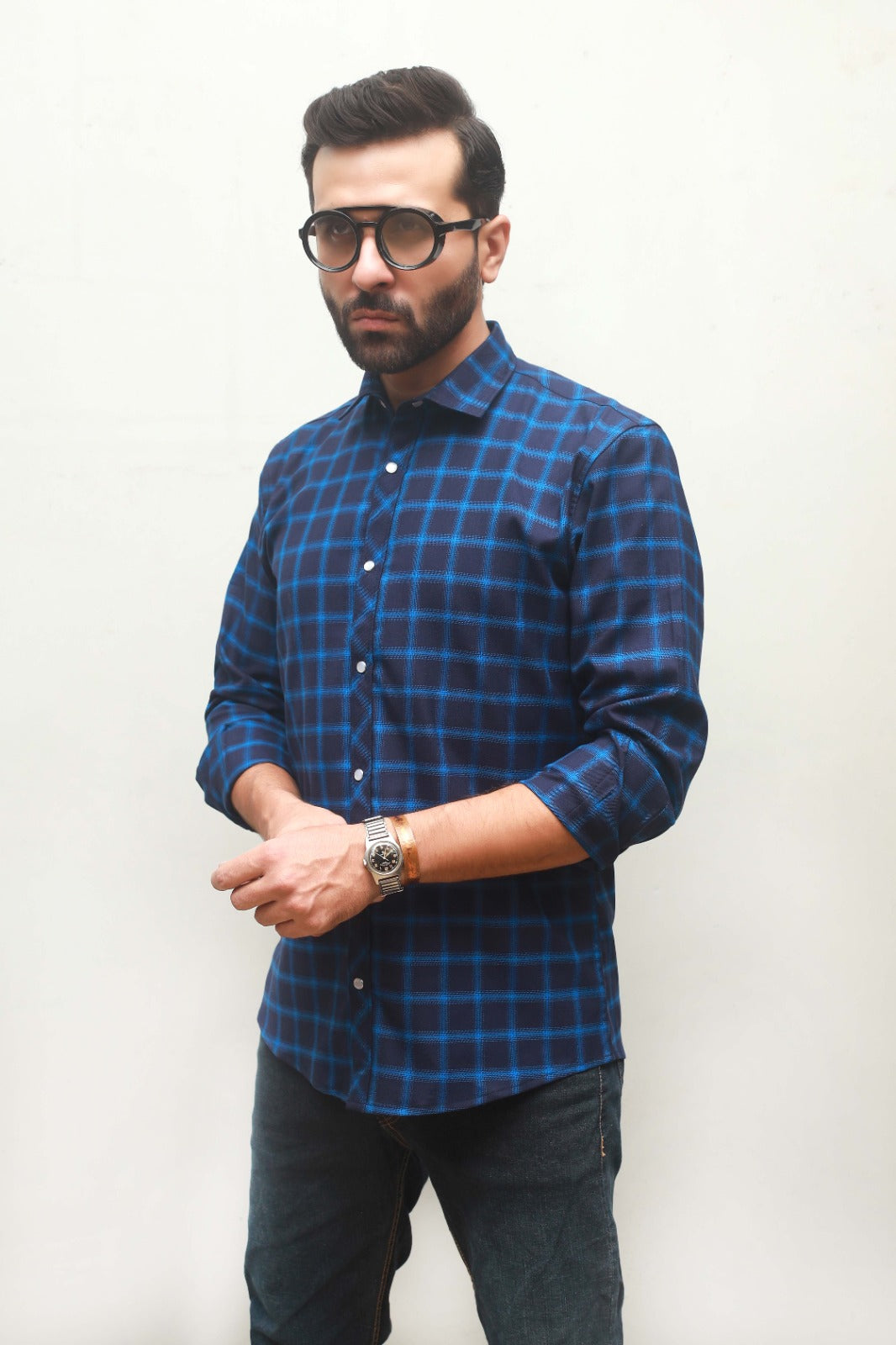 MEN'S DARK BLUE CHECK CASUAL SHIRT