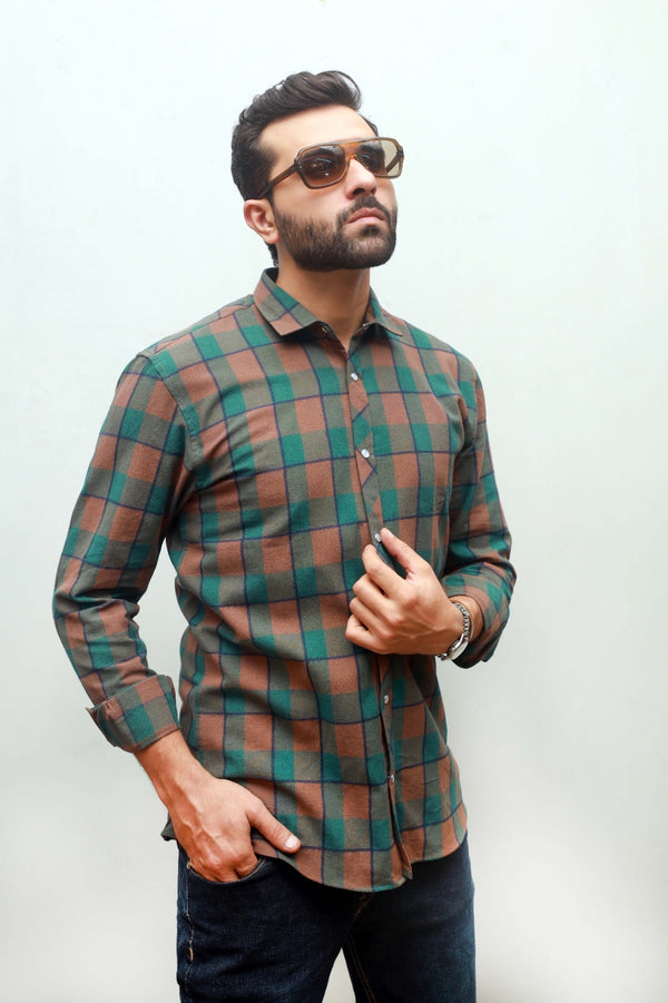 Men's Green Peach Check Casual Shirt Pakistan