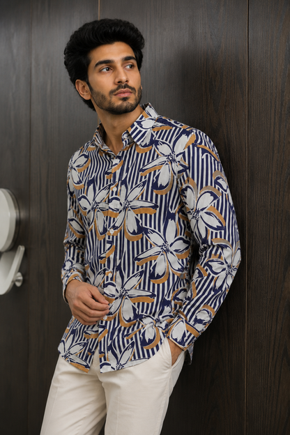 MEN'S BLUE MUSTARD PRINTED COTTON CASUAL SHIRT