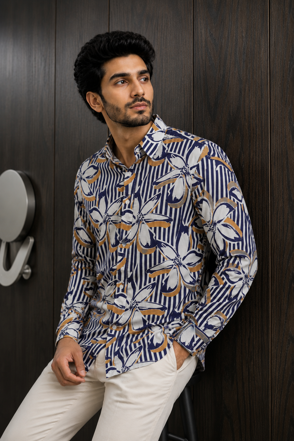 MEN'S BLUE MUSTARD PRINTED COTTON CASUAL SHIRT