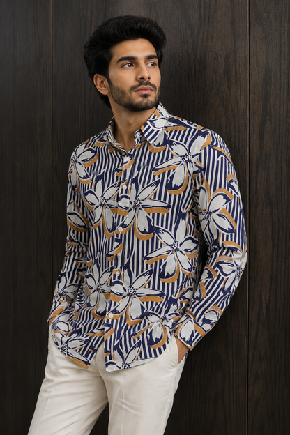 MEN'S BLUE MUSTARD PRINTED COTTON CASUAL SHIRT