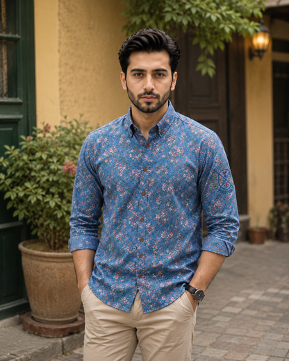 HERREN BLAUES BEDRUCKTES JEANS-FREIZEITHEMD