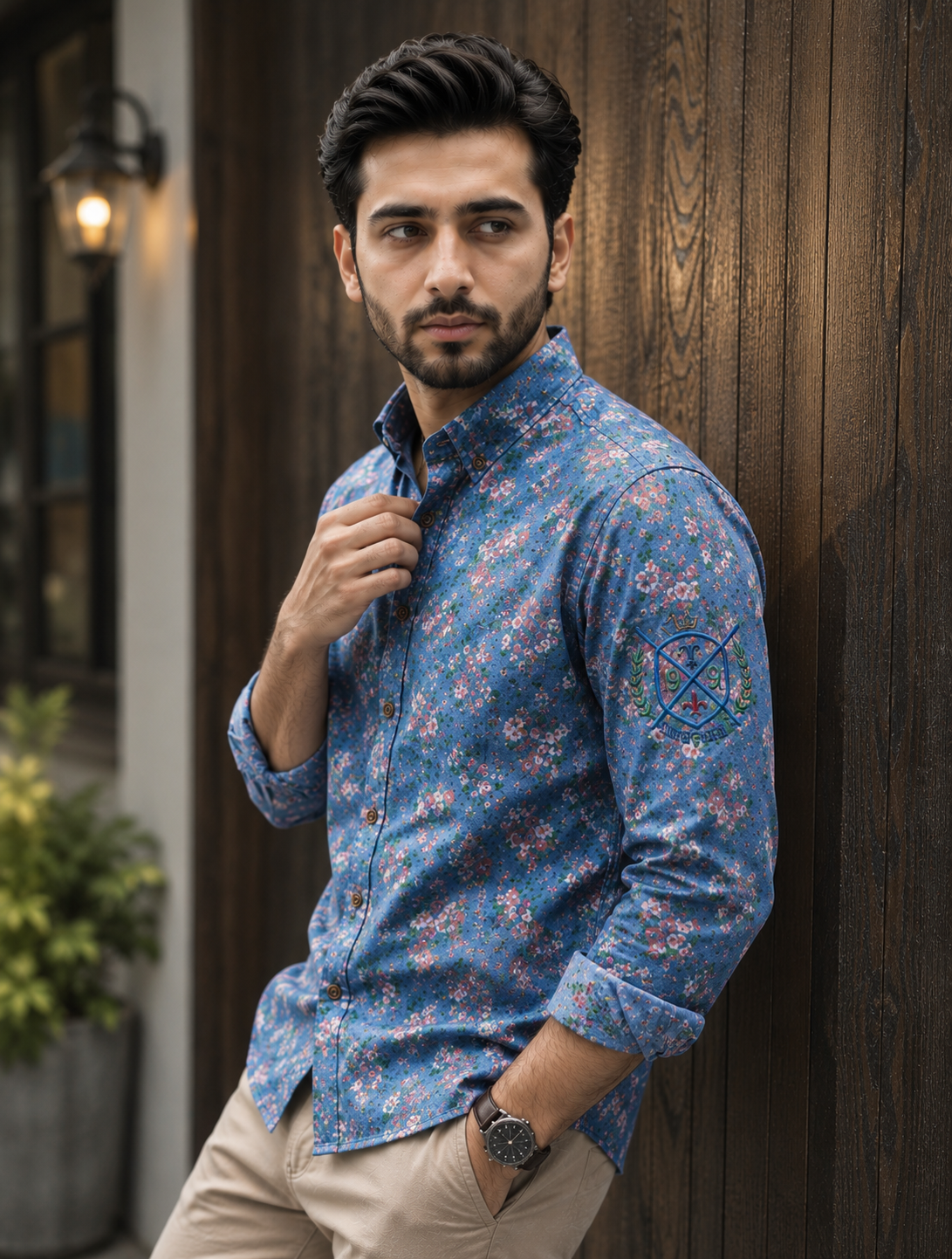 HERREN BLAUES BEDRUCKTES JEANS-FREIZEITHEMD