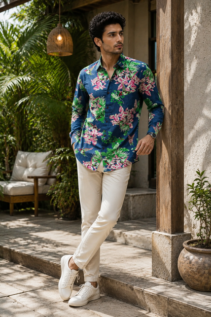 MEN'S BRIGHT LIME GREEN PRINTED DENIM CASUAL SHIRT