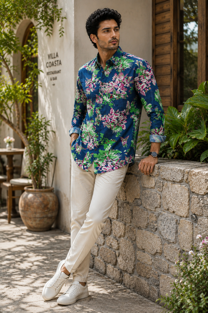 MEN'S BRIGHT LIME GREEN PRINTED DENIM CASUAL SHIRT